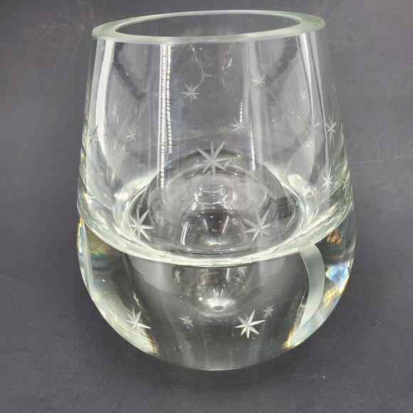 Blown Crystal Moon & Stars Etched Clear Bubbble Art Glass Vase MCM Poland 2 Side - Picture 4 of 10